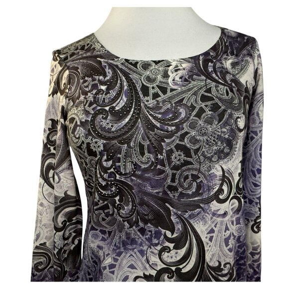 Chico's Zynergy Embellished Paisley Pullover Long Sleeve Top 0 XS-S Made in USA - Picture 2 of 5